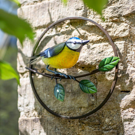 La Hacienda Perching Blue Tit Metal Garden Bird Wall Art